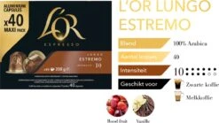L'OR Lungo Estremo Koffiecups - Intensiteit 10/12 - 4 X 40 Capsules -Koffie Tijd Winkel 1200x676