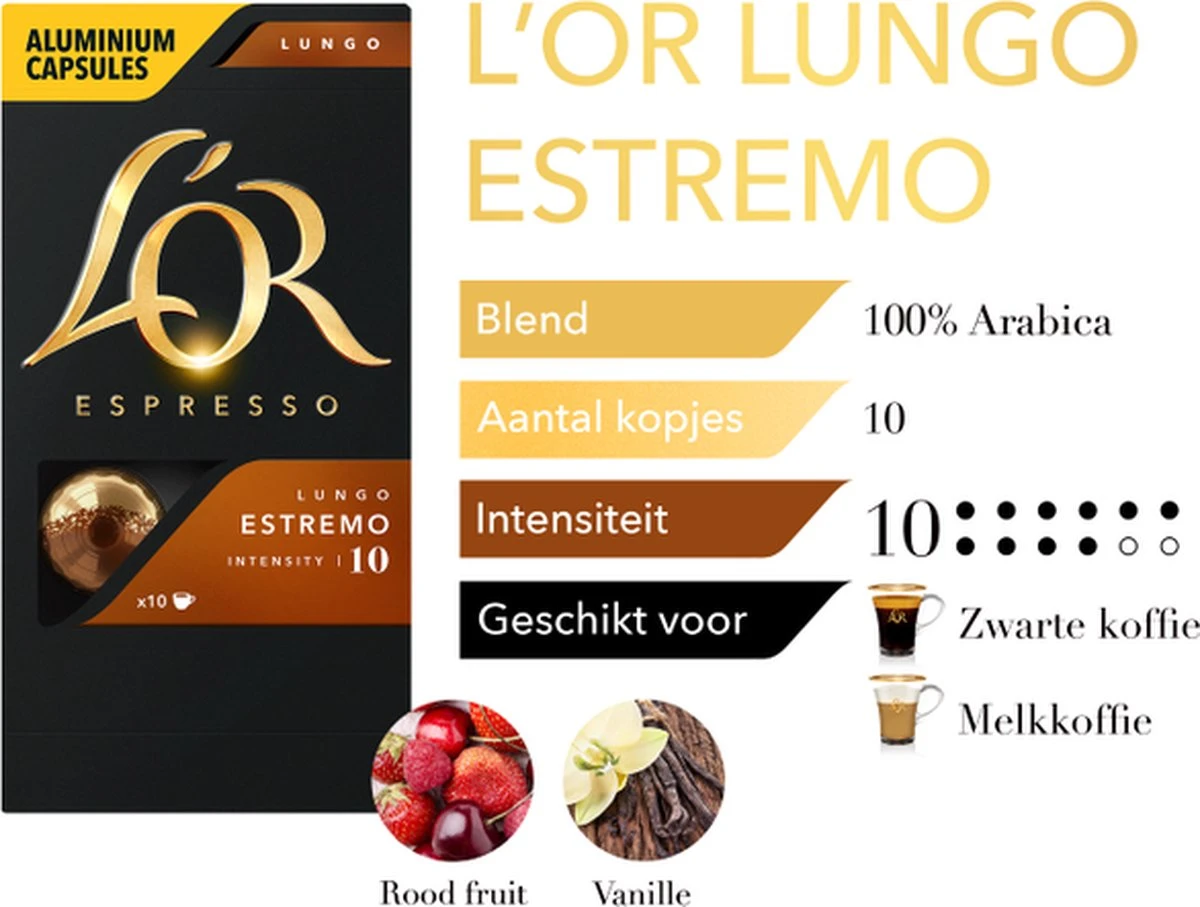 L'OR Lungo Estremo Koffiecups - Intensiteit 10/12 - 10 X 10 Capsules 8 L'OR Lungo Estremo Koffiecups - Intensiteit 10/12 - 10 X 10 Capsules - Afbeelding 6