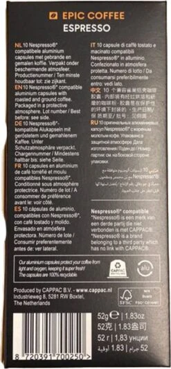100 Capsules Epic Coffee - Espresso - Nespresso® Compatible Aluminium Capsules - RFA Keurmerk - Doos 100 Stuks -Koffie Tijd Winkel 556x1200
